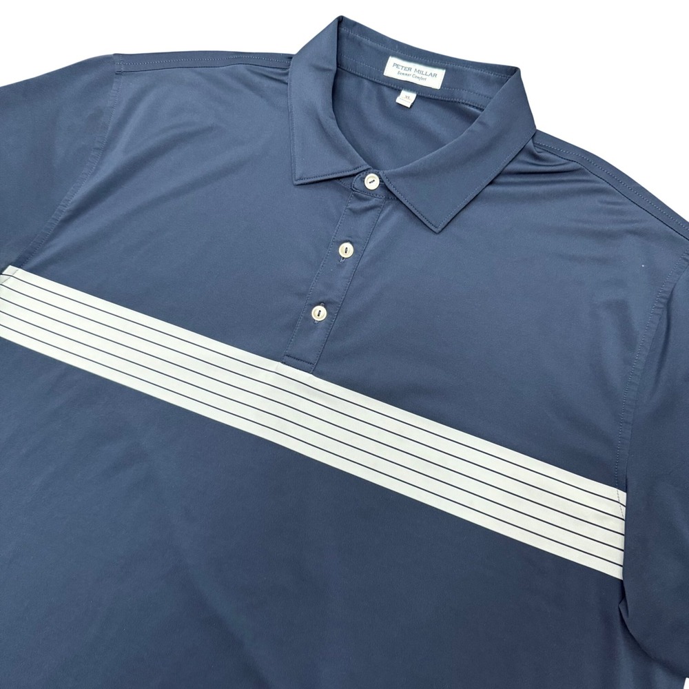 Peter Millar Polo Shirt Mens XL Navy Blue Striped Summer Comfort Short Sleeve